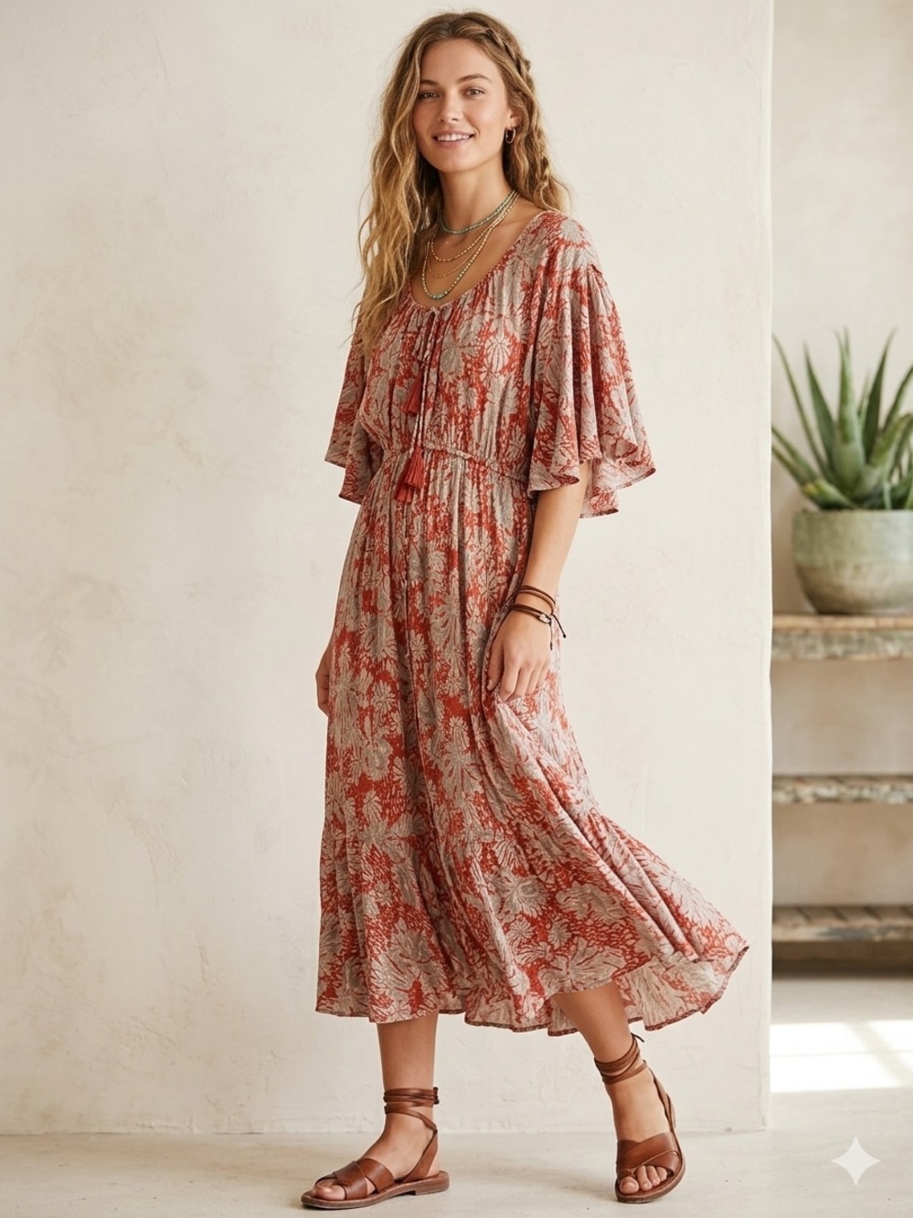 Free People Rust Floral Flutter-Sleeve Midi Dress